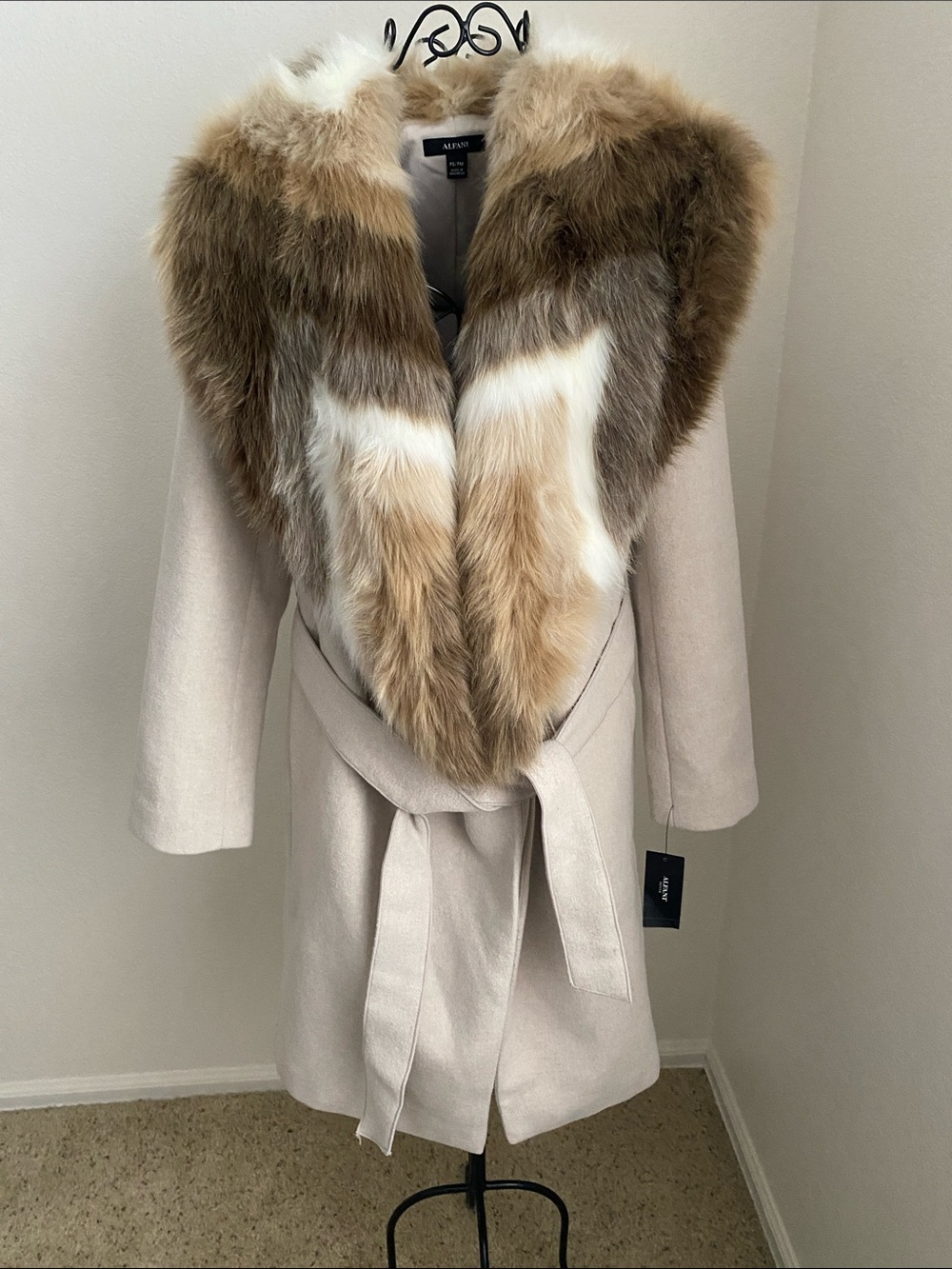 Alfani Cream Wrap Trench Coat with Brown & White Faux Fur Collar